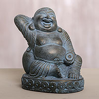Cast stone sculpture, 'Buddha Fortune' - Cast Stone Laughing Fortune Buddha Antique Finish Sculpture