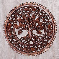 Wood relief panel, 'Tranquility Tree' - Hand Carved Tree Motif Wood Wall Relief Panel from Bali