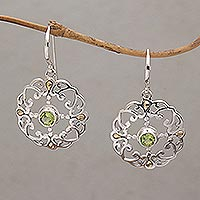 Gold accented peridot dangle earrings, 'Exquisite Flora' - Peridot Sterling Silver Dangle Earrings with 18k Gold Accent