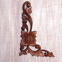 Wood relief panel, 'Climbing Flower' - Hand-Carved Floral Suar Wood Relief Panel from Bali
