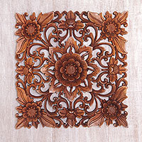 Wood wall relief panel, 'Floral Adornment' - Hand Carved Suar Wood Floral Wall Relief Panel