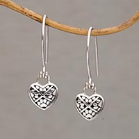 Sterling silver dangle earrings, 'Paw Hearts' - Paw Print Heart-Shaped Sterling Silver Earrings from Bali