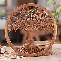 Wood relief panel, 'Grateful Tree' - Hand Carved Suar Wood Tree Wall Relief Panel Indonesia