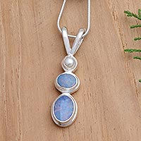 Opal and cultured pearl pendant necklace, 'Sea Symphony' - Handmade Opal Freshwater Cultured Pearl Pendant Necklace