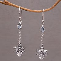 Blue topaz dangle earrings, 'Dragonfly Altar' - Handmade 925 Sterling Silver Blue Topaz Dragonfly Earrings