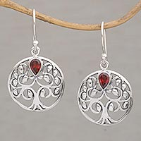 Garnet dangle earrings, 'Banyan Beauty' - Balinese Garnet and Sterling Silver Tree Dangle Earrings