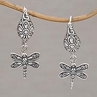 Sterling silver dangle earrings, 'Dragonfly Delight' - Handmade Balinese Sterling Silver Dragonfly Dangle Earrings