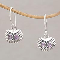 Amethyst dangle earrings, 'Opulent Owl' - Amethyst and Sterling Silver Owl Dangle Earrings from Bali