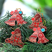 Wood batik ornaments, 'Java Jingle' (set of 4) - Batik Wadang Wood Bell Ornaments (Set of 4) from Java