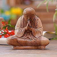 Wood statuette, 'Meditative' - Handcrafted Balinese Suar Wood Meditating Buddha Statuette