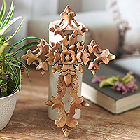 Wood wall cross, 'Faith Blooms' - Hand-Carved Floral Suar Wood Wall Cross from Bali