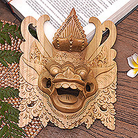 Wood mask, 'Barong Guardian' - Hand-Carved Crocodile Wood Wall Mask of Barong from Bali