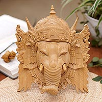 Wood mask, 'Ganesha Portrait' - Hand-Carved Auspicious Lord Ganesha Crocodile Wood Mask