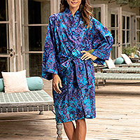 Cotton batik short robe, 'Floating Flowers' - 100% Cotton Artisan Batik Robe