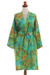 Rayon batik short robe, 'Forest Path' - Green and Blue Rayon Hand Crafted Floral Batik Short Robe (image 2a) thumbail