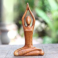 Hand Carved Yoga Sitting Pose Suar Wood Sculpture,'To the Sky'