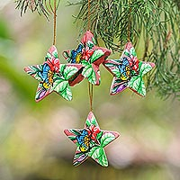 Wood ornaments, 'Island Butterflies' (set of 4) - 4 Hand Painted Balinese Star Ornaments with Butterflies