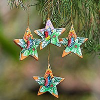 Wood ornaments, 'Sunset Butterflies' (set of 4) - 4 Hand Painted Balinese Star Ornaments with Butterflies