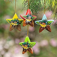 Wood ornaments, 'Island Ducklings' (set of 4) - Hand Painted Star Ornaments with Ducklings (Set of 4)