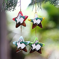 Wood ornaments, 'White Island Bunnies' (set of 4) - Balinese Hand Painted Bunny Rabbit Star Ornaments (Set of 4)
