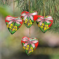 Wood ornaments, 'Dragonfly Love' (set of 4) - 4 Hand Painted Balinese Heart Ornaments with Dragonflies