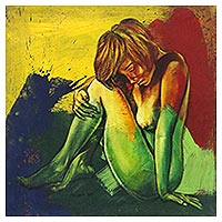 'Beautiful Sadness I' - Expressionist Painting of a Sitting Woman Nude from Java