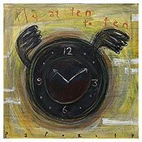 'Fly at Ten-To-Ten' - Signed Modern Painting of a Flying Clock from Java