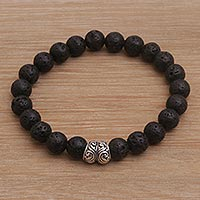 Lava stone beaded stretch bracelet, 'Full Circle in Black' - Lava Stone and Sterling Silver Beaded Stretch Bracelet