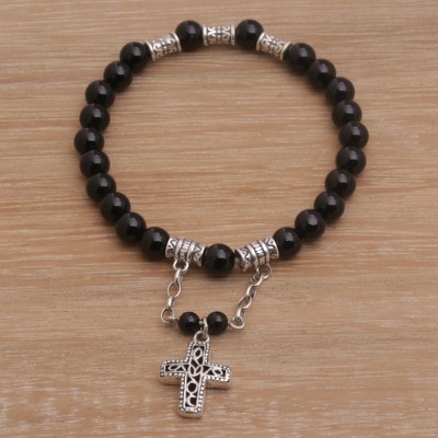 Onyx beaded stretch charm bracelet, Shadow Cross