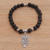 Lava stone beaded stretch charm bracelet, 'Evening Owl' - Lava Stone Beaded Stretch Bracelet with Sterling Silver Owl thumbail