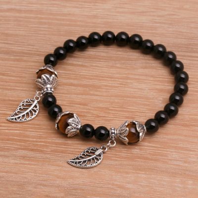 Onyx and tigers eye beaded stretch charm bracelet, Midnight Orchard