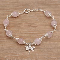 Rose quartz beaded charm bracelet, 'Moonlight Dragonfly in Rose' - Rose Quartz Bead Charm Bracelet Sterling Silver Dragonfly