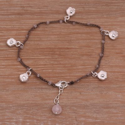 Rose quartz cord charm bracelet, Alluring Lotus in Brown