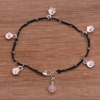 Rose quartz cord charm bracelet, Alluring Lotus in Black