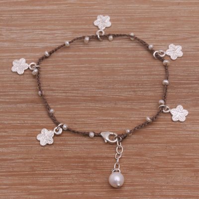 Cultured pearl cord charm bracelet, Cheerful Blooms in Brown
