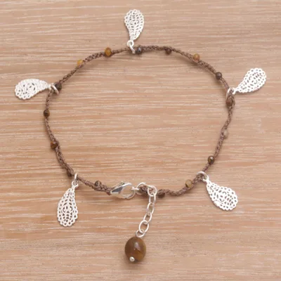 Tiger's eye braided cord charm bracelet, 'Honey Brown Foliage' - Handmade 925 Sterling Silver Tigers Eye Brown Cord Bracelet
