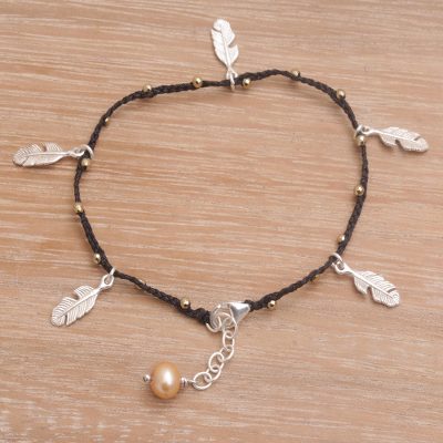 Cultured pearl charm bracelet, Feathered Bliss in Black