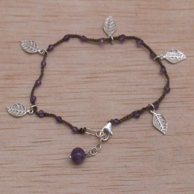 Amethyst cord charm bracelet, Dangling Leaves in Brown