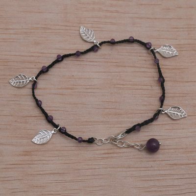 Amethyst cord charm bracelet, Dangling Leaves in Black