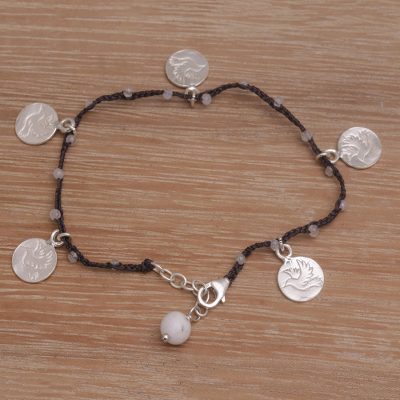 Rainbow moonstone braided cord charm bracelet, Elegant Doves in Black