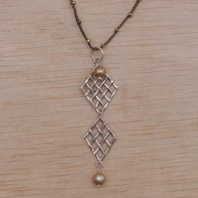 Cultured pearl and pyrite pendant necklace, Twin Ketupat in Brown