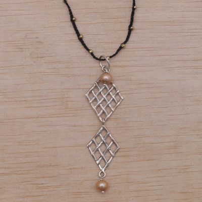 Cultured pearl and pyrite pendant necklace, Twin Ketupat in Black