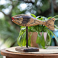 Wood statuette, 'Lone Swimmer' - Hand Carved Albesia Wood Fish Statuette from Bali