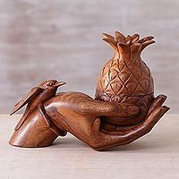 Decorative wood box, 'Pineapple Keepsake' - Hand Carved Suar Wood Pineapple Bird Hand Sculpture Box