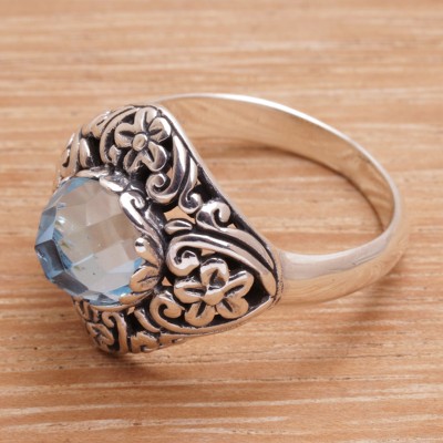 Blue Topaz Sterling Silver Cocktail Ring with Floral Motif