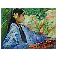 'Playing Kecapi' - Impressionist Painting of a Woman by a Javanese Artist