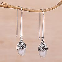 Sterling silver dangle earrings, 'Balinese Acorn' - Handmade 925 Sterling Silver Cultured Pearl Dangle Earrings