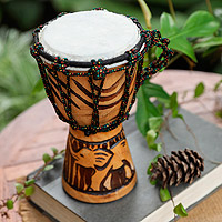 Mahogany mini djembe drum, 'Elephant Music' - Elephant-Themed Mahogany Mini Djembe Drum from Bali