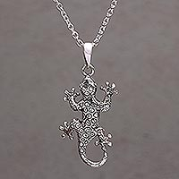 Sterling silver pendant necklace, 'Climbing Tokek' - Handmade in Bali 925 Sterling Silver Gecko Pendant Necklace
