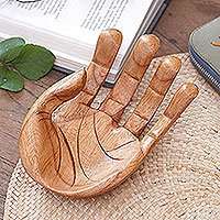 Wood catchall sculpture, 'Lending a Hand' - Artisan Hand Carved Handmade Suar Wood Hand Sculpture